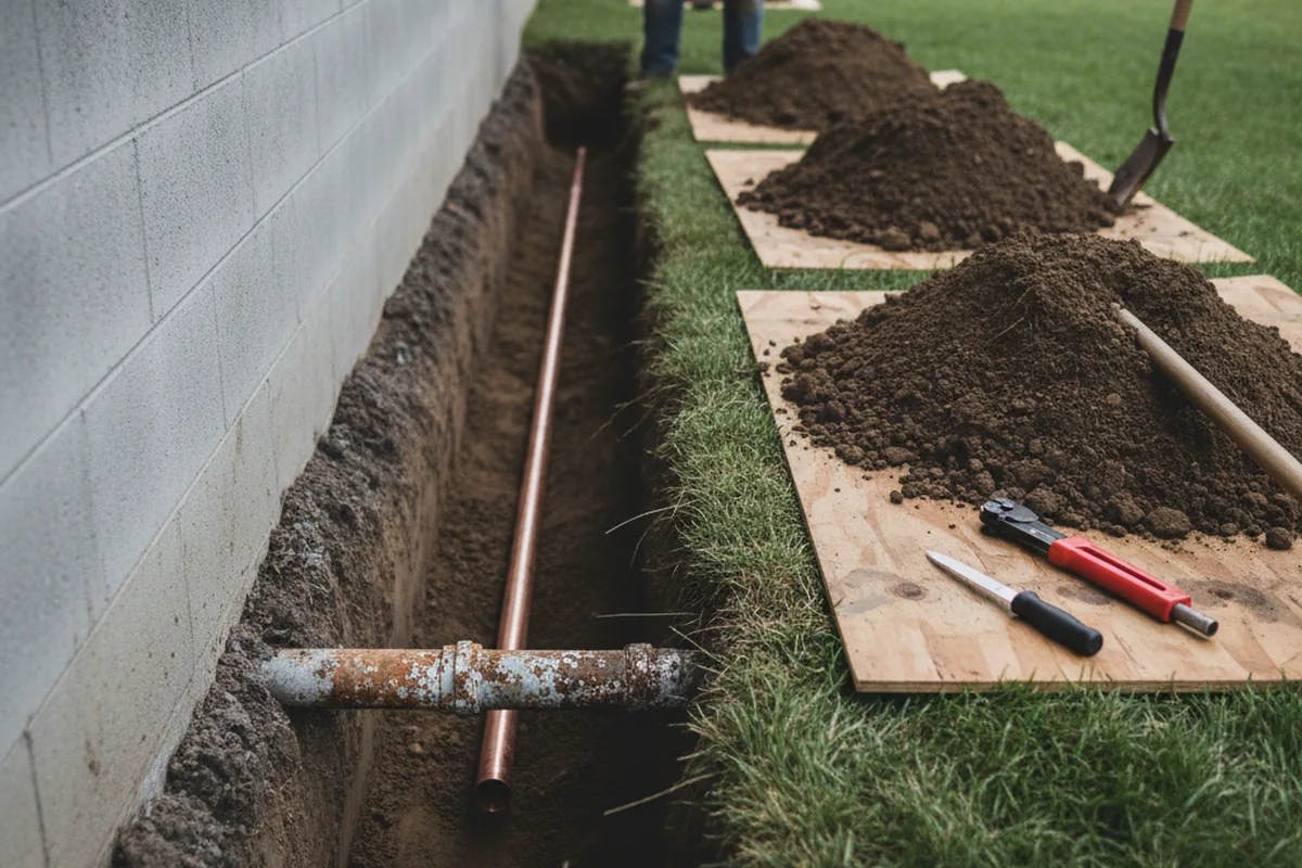 Excavated water line trench during Water Softener Installation in Furlong
